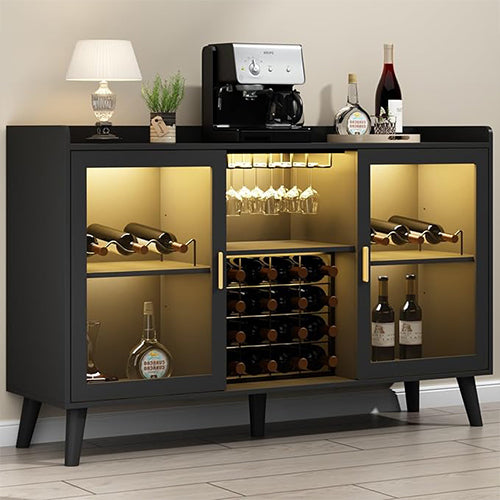 KoolSiln Wine Bar Cabinet with LED Light, Home Coffee Cabinet with Wine Rack and Glass Holder, Kitchen Buffet Sideboard W Storage Shelf, Freestanding