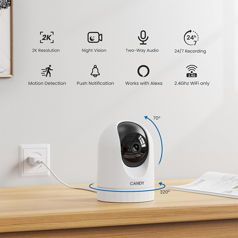 CANDY Security Camera Indoor-2K 360° WiFi Cameras for Home Security,Pet/Dog/Baby Camera with Phone app, 2-Way Audio, Night Vision, 24/7 SD Card Storage, Works with Alexa & Google Home (2.4Ghz)-D1