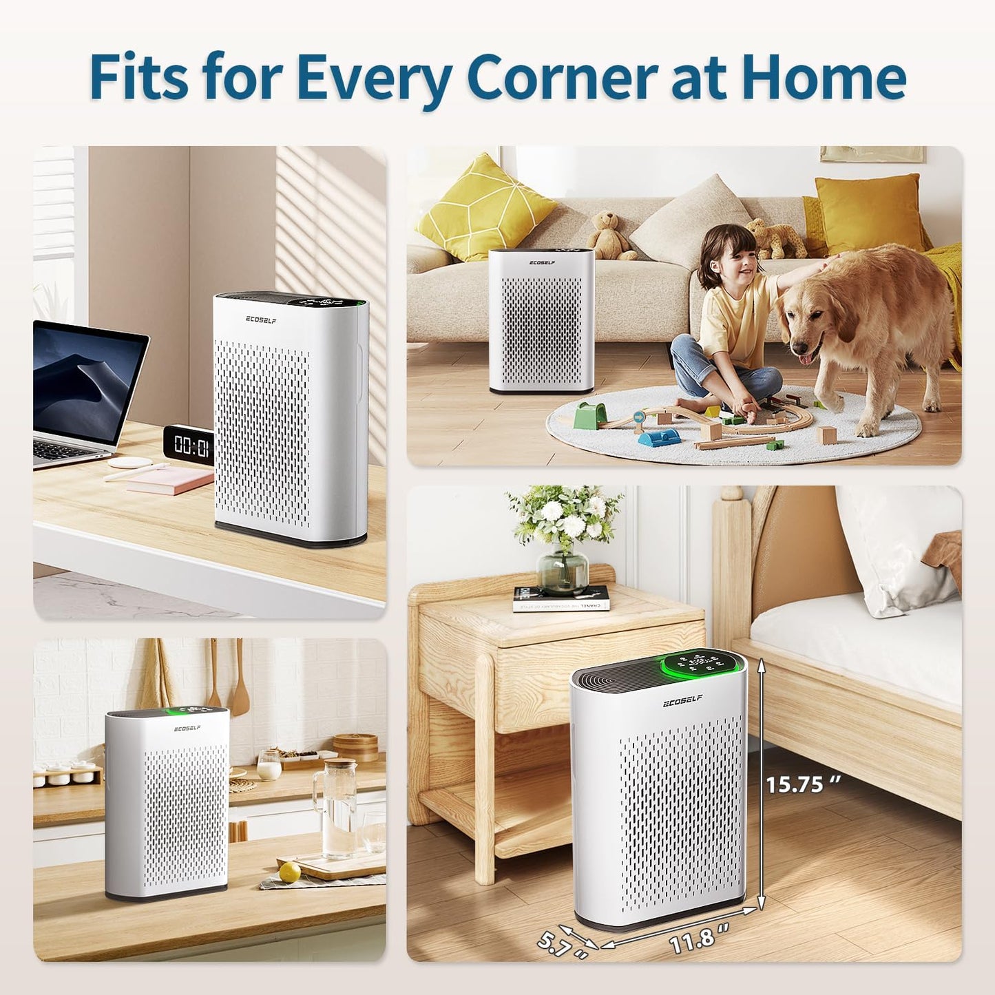 Powerful Air Purifiers for Home Large Room Up to 2400 Ft², ECOSELF HEPA Air Purifier with PM 2.5 Air Quality Display 20dB Sleep Mode, Air Purifiers for Bedroom Office Living Room HAP602 White