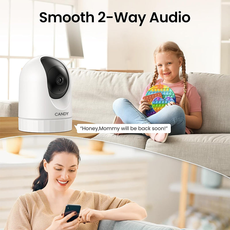 CANDY Security Camera Indoor-2K 360° WiFi Cameras for Home Security,Pet/Dog/Baby Camera with Phone app, 2-Way Audio, Night Vision, 24/7 SD Card Storage, Works with Alexa & Google Home (2.4Ghz)-D1