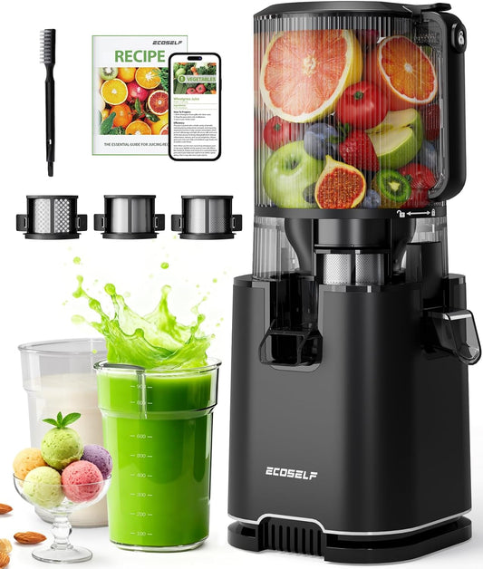 Cold Press Juicer with 3 Filters (For Juice/Sorbet/Nut Milk), Juicer Machines With 6.0" Wide Mouth Hopper, Self Feeding & Hands-Free Design, Juicer for Family Gathering Party, With Brush