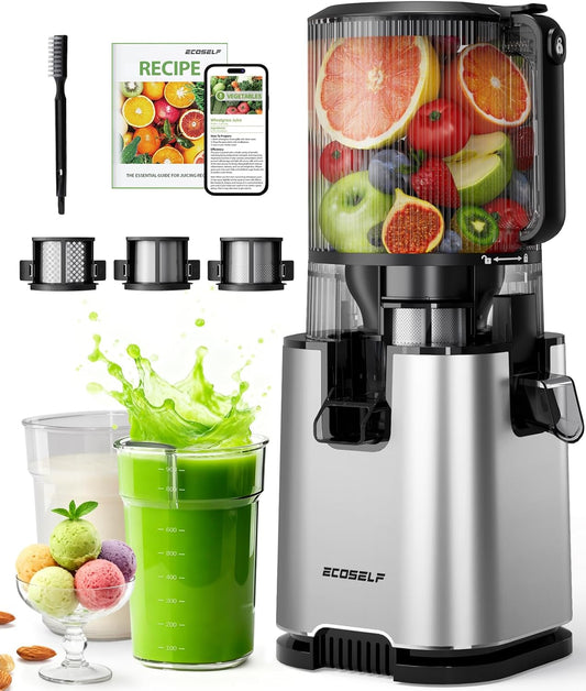 Juicer Machines with 3 Filters (For Juice/Sorbet/Nut Milk), Slow Masticating Juicer With 6.0" Wide Mouth Hopper for Vegetables & Fruits, Self Feeding, Juicer for Family Party, With Brush