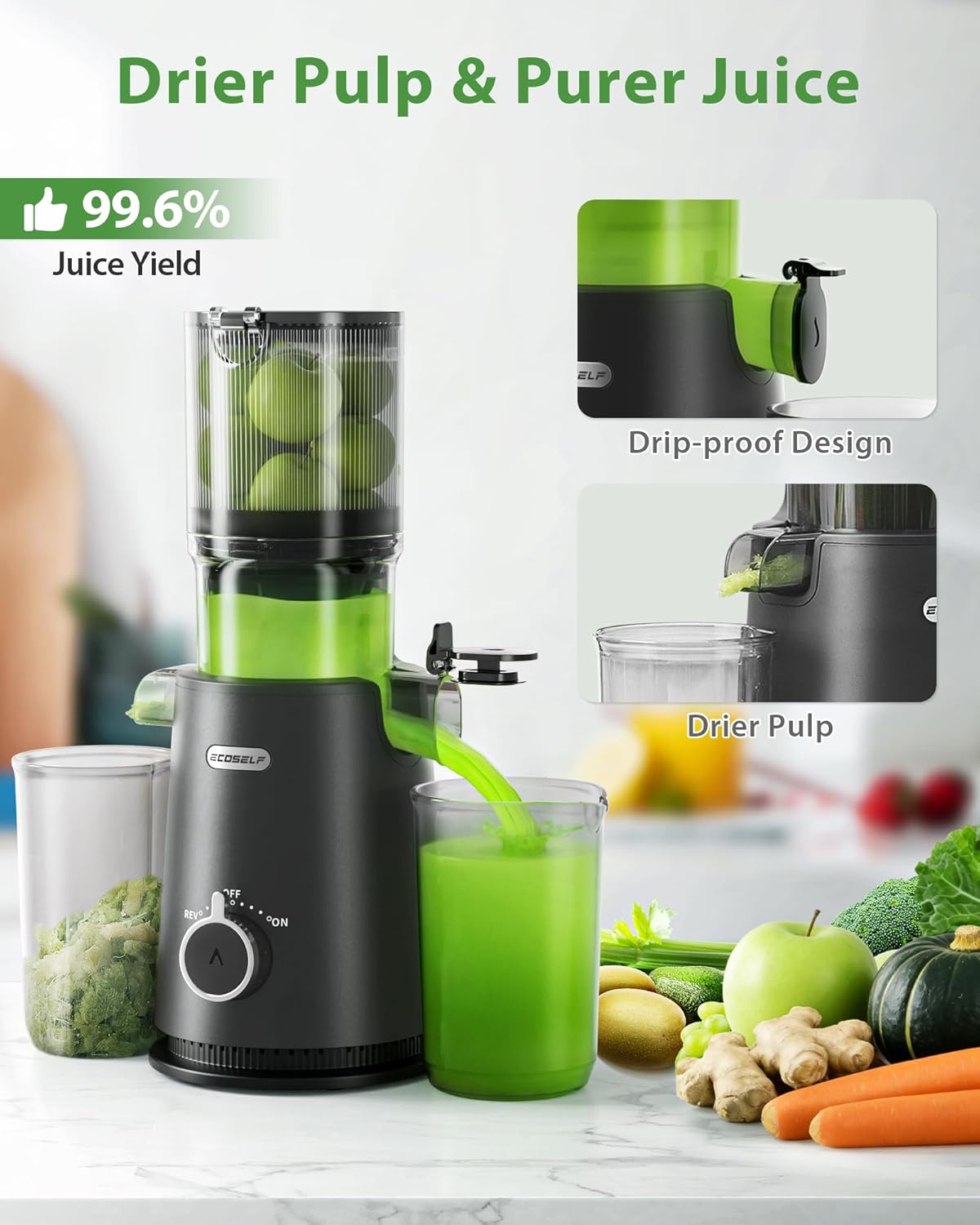Juicer Machines - Wide Mouth Feed Chute with Self Feeding Hands-Free Design - Cold Press Juicer for Vegetables and Fruits - Juice Extractor Machine High Juice Yield - With Brush